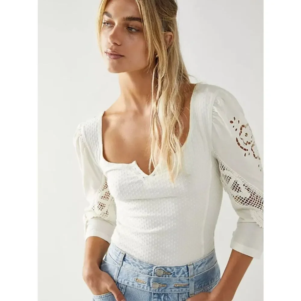 Like New! Free People Brunch Date Henley Top Ivory in Size M